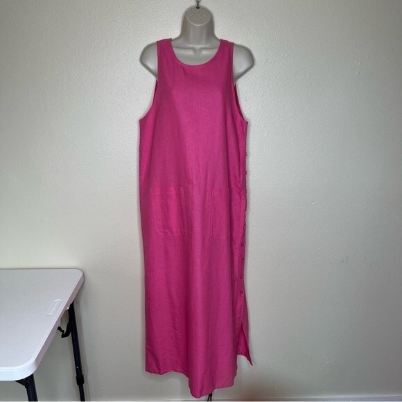 Denim and Co Linen Blend Jumper Dress Pink Maxi Button Side Pockets Women Small - Picture 11 of 13
